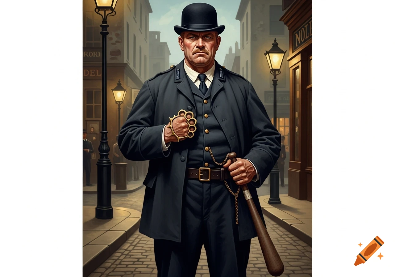 An intimidating 1800s Irish policeman in a bowler hat and plain clothes, holding brass knuckles and a billy club on a cobblestone street.