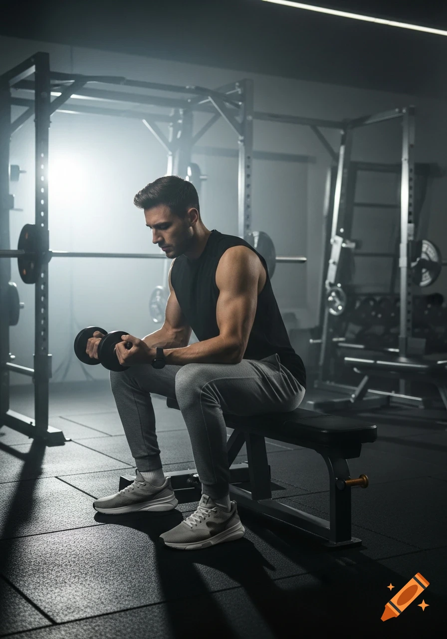 A muscular man sits on a bench, lifting dumbbells in a dimly lit, moody gym with gym equipment in the background.