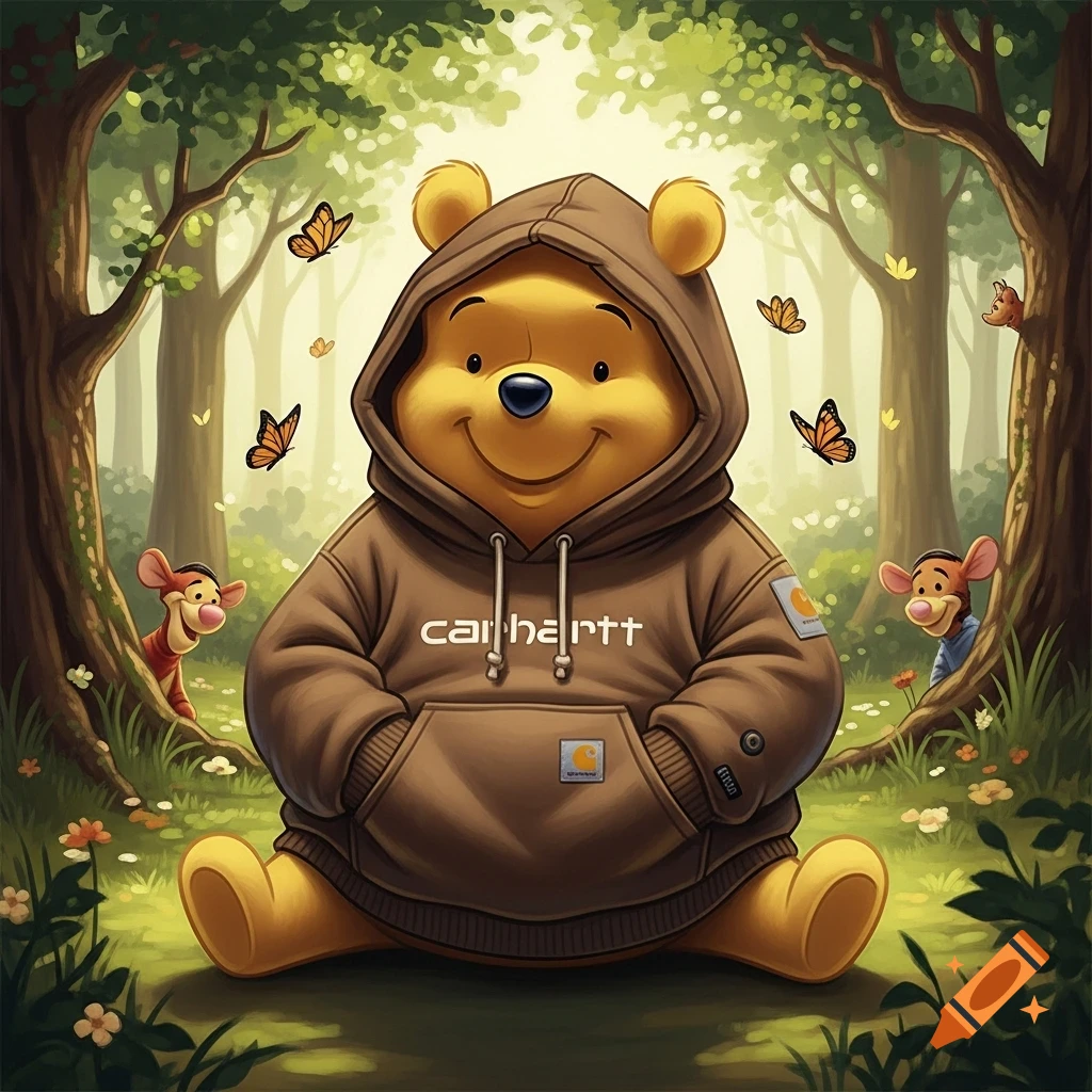 Winnie the Pooh in a brown Carhartt hoodie smiles, sitting in a sunny forest with butterflies and Piglet and Tigger peeking from trees. Cartoon style.