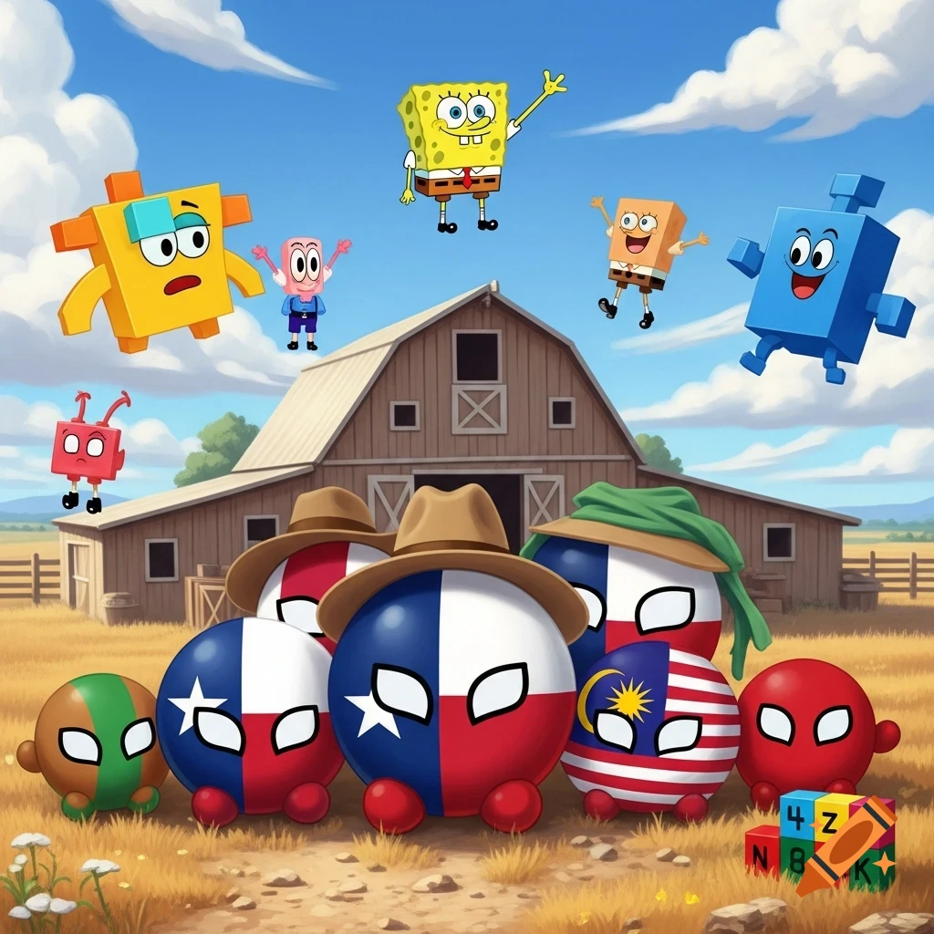Cartoon Spongebob, blocky characters, and countryballs representing USA, Texas, and Malaysia, in a farm field with a barn.