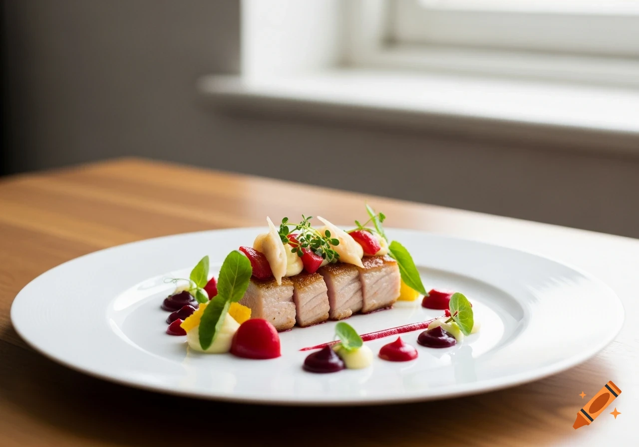 An elegantly plated French gourmet dish with sliced meat, strawberries, cream, and herbs, surrounded by colorful sauces on a white plate.