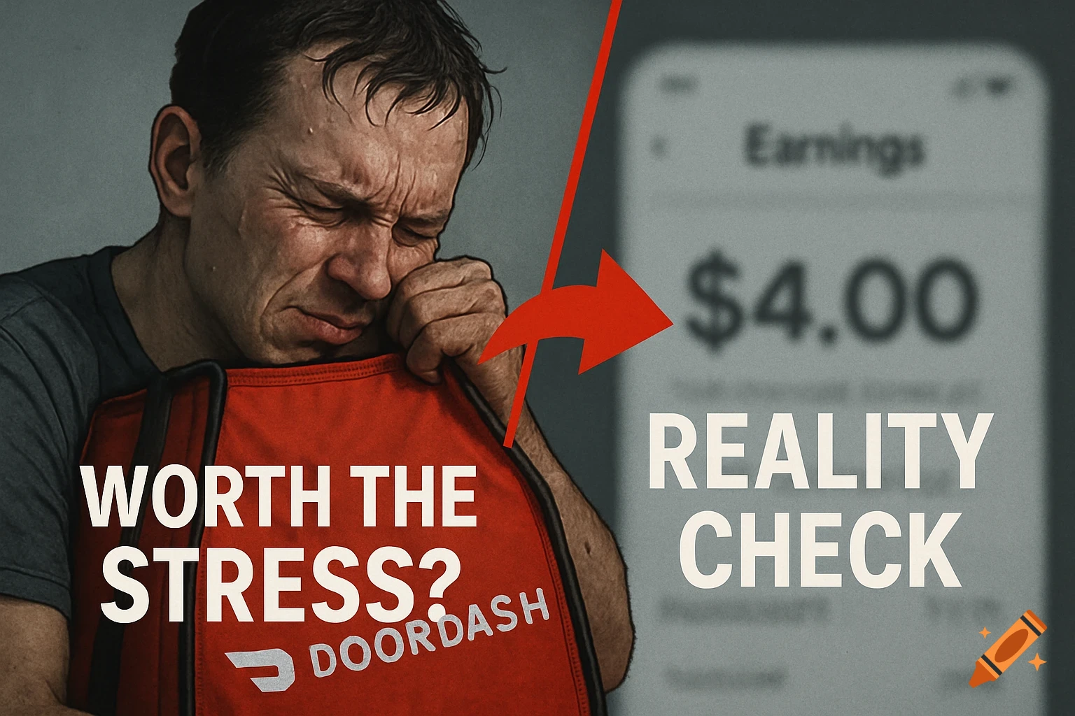 A distressed man in a grey shirt holds a red DoorDash bag, looking at a blurred phone screen showing "$4.00 Earnings". Text overlays say "WORTH THE STRESS?" and "REALITY CHECK".