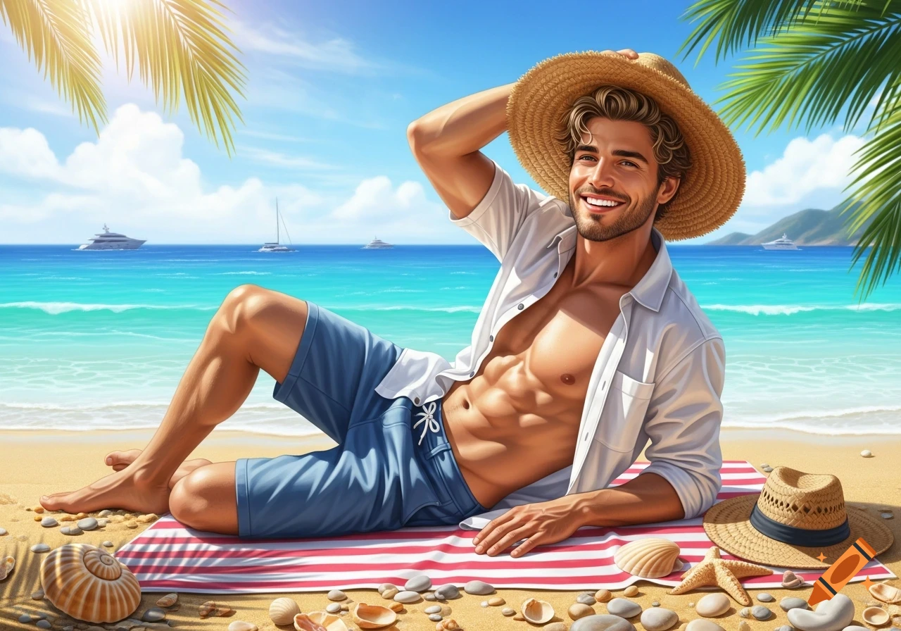 Photorealistic image of a smiling man with a straw hat and open shirt, lying on a striped towel on a sunny beach.