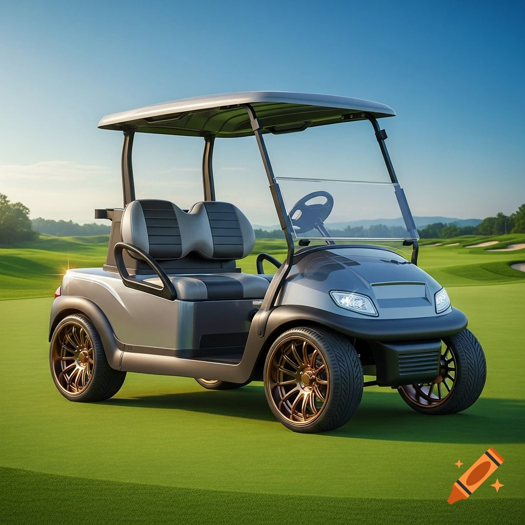 An iridium gray golf cart with bronze wheels on a green golf course under a clear blue sky.