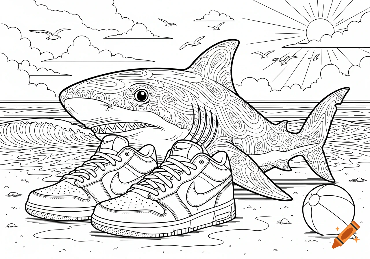 Black and white coloring page of a shark with Nike sneakers on a beach with waves, sun, and seagulls.