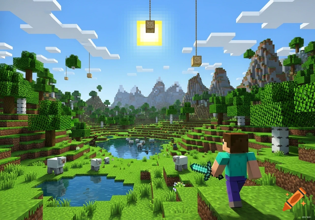 A blocky Minecraft landscape with Steve holding a diamond sword, sheep by a pond, green trees, and mountains under a bright pixelated sun.