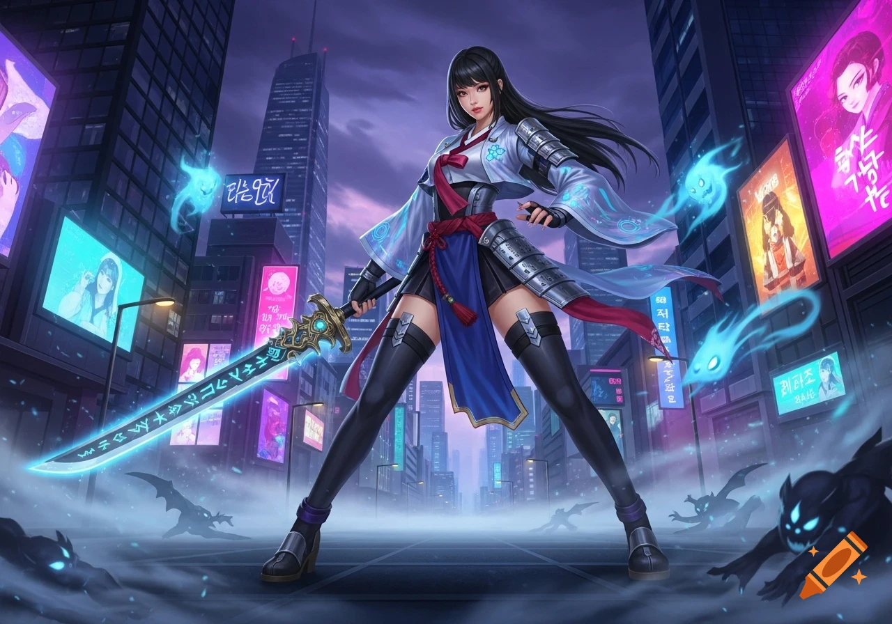 A female demon hunter with a glowing sword and armor stands in a futuristic city at night, surrounded by blue glowing spirits.
