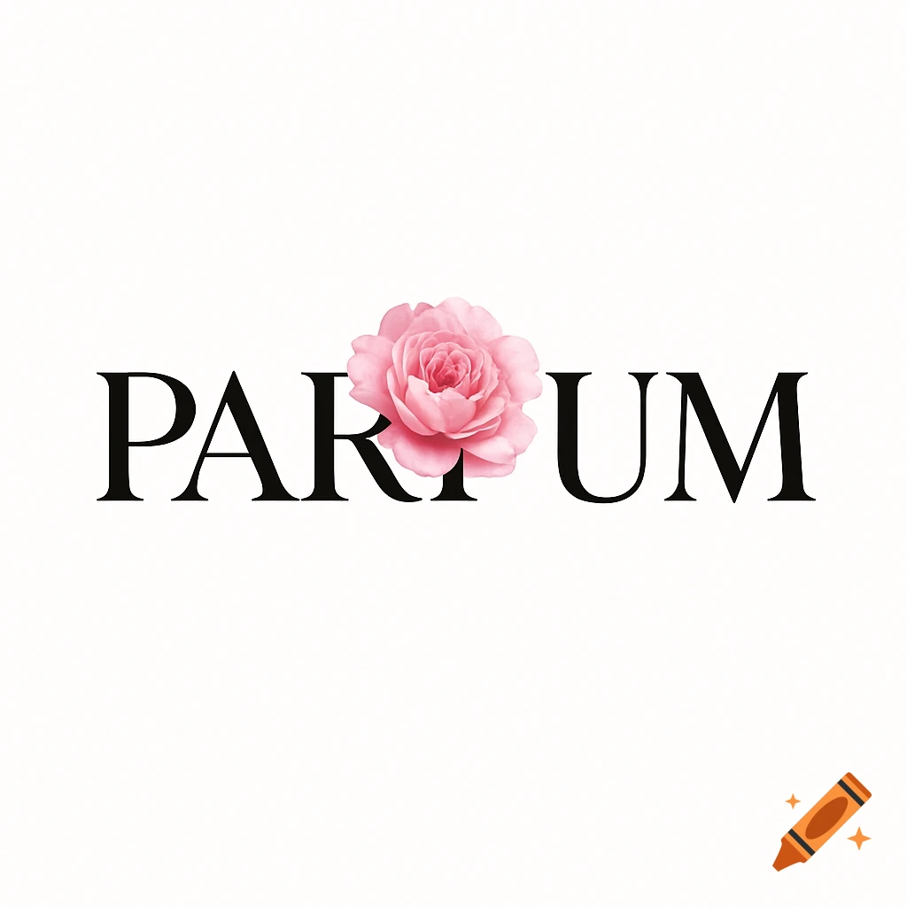 A minimalist logo with the word 'PARFUM' in elegant black serif font, where a realistic pink rose replaces the letter 'A', on a white background.
