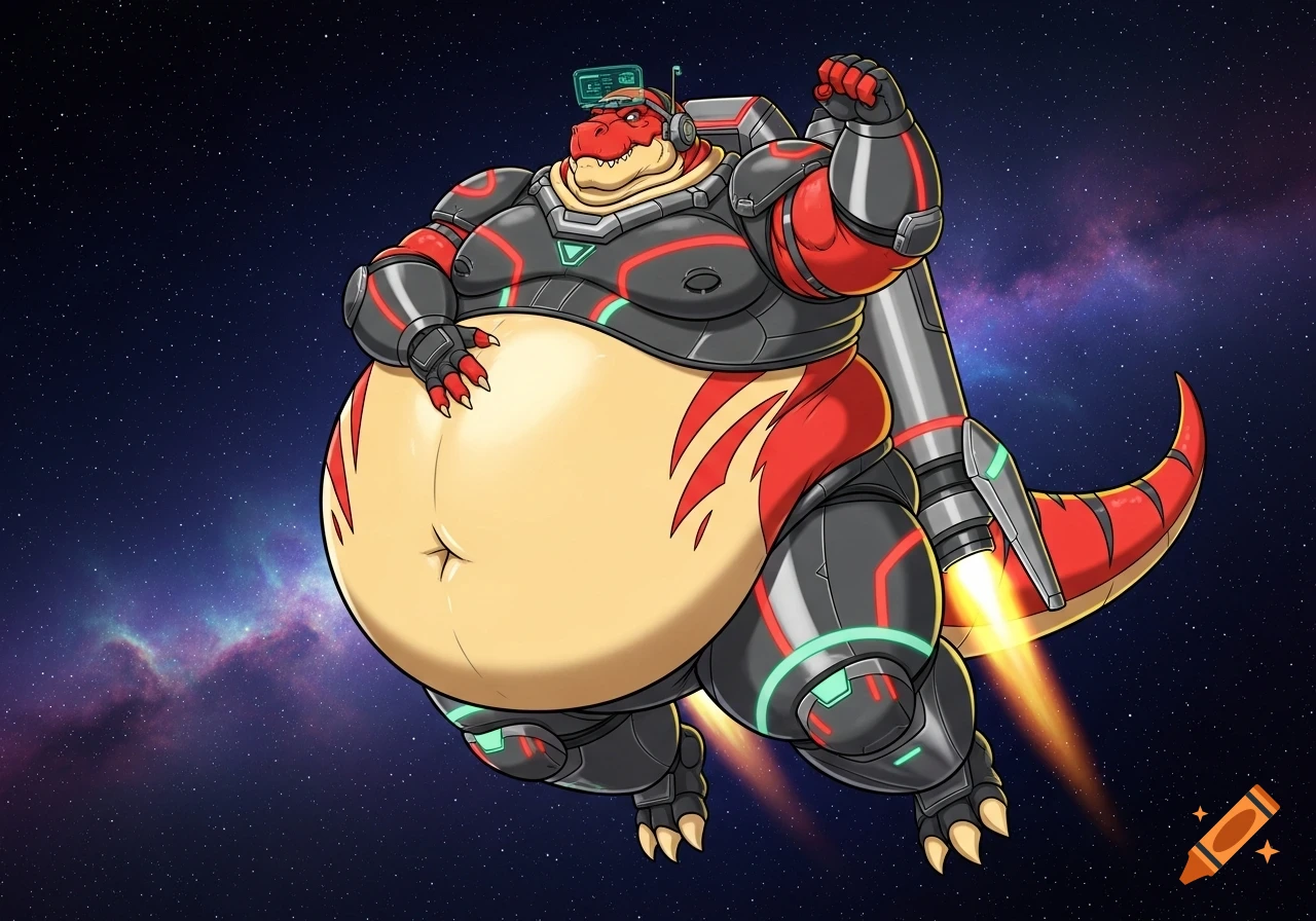 A 2D cartoon of an extremely obese, red and yellow anthropomorphic T-Rex in hi-tech armor and a jetpack, flying in space, patting his belly and flexing an arm.