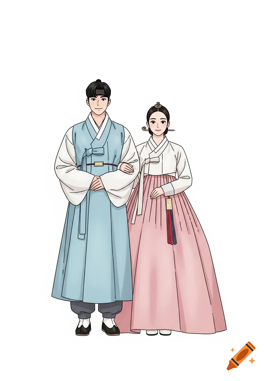 An illustration of a man in a light blue hanbok and a woman in a white and pink hanbok, standing side by side.