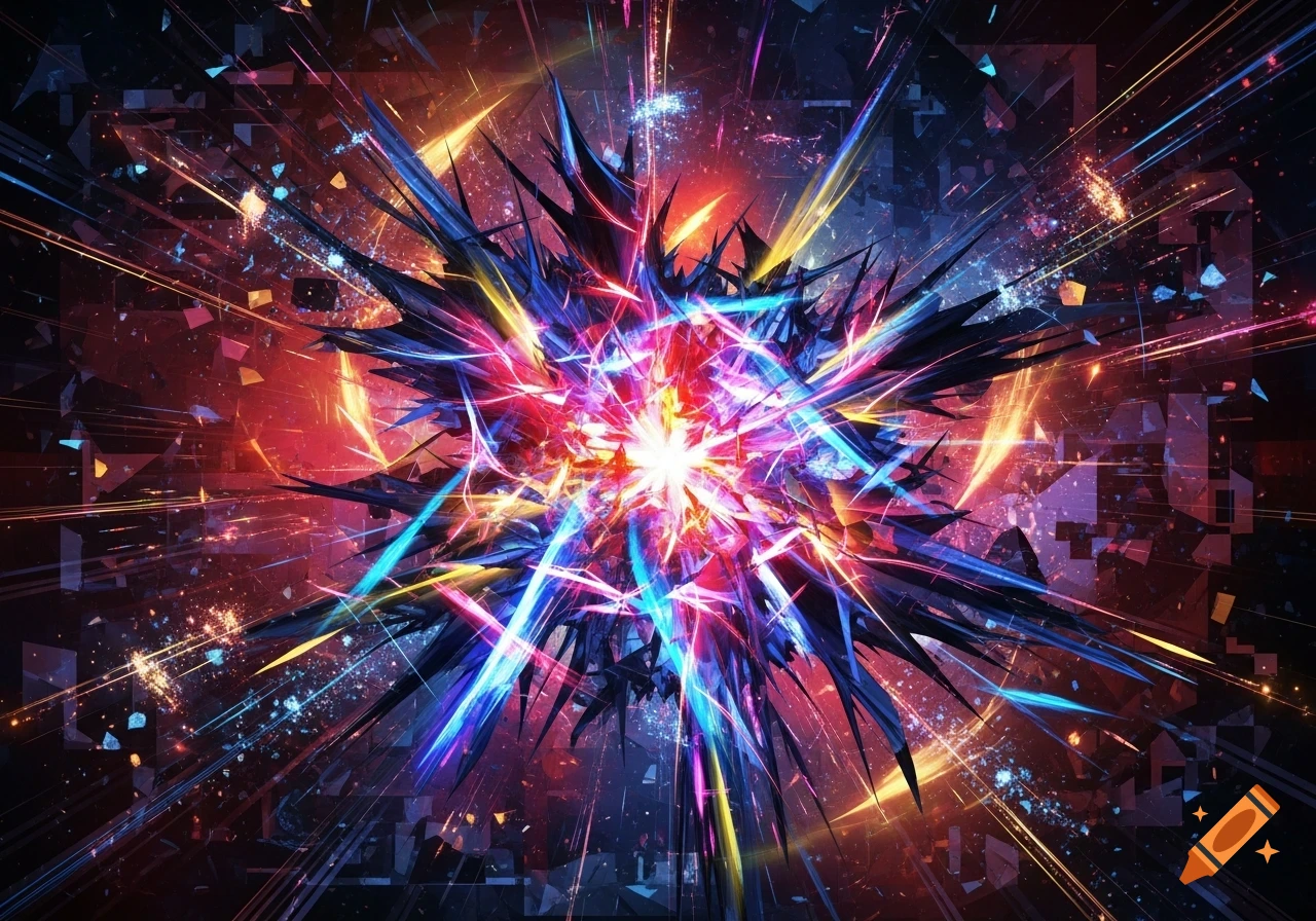 Abstract digital art depicting a vibrant explosion of blue, red, yellow, and purple sharp geometric forms and light rays.
