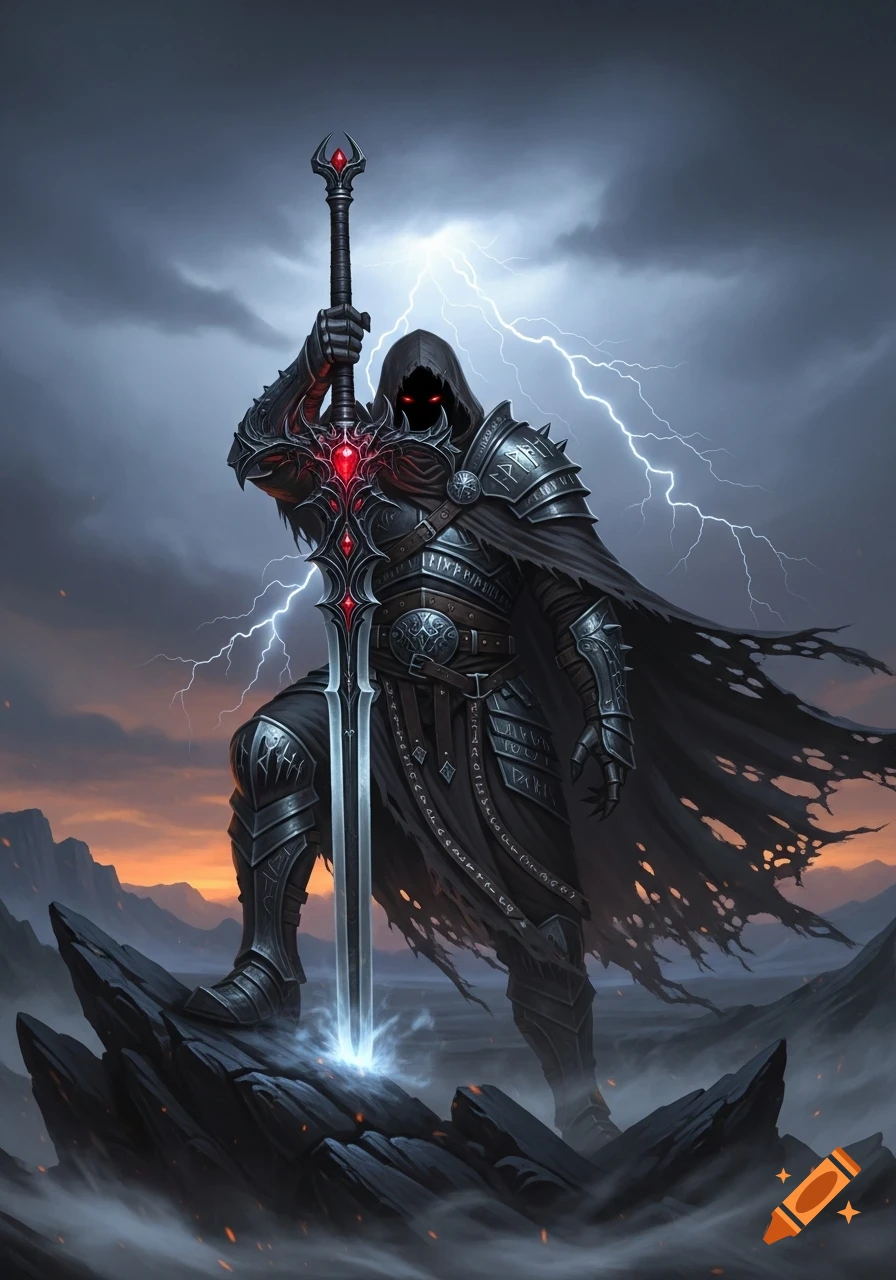 Dark armored warrior with red eyes and tattered cloak holds a long ...