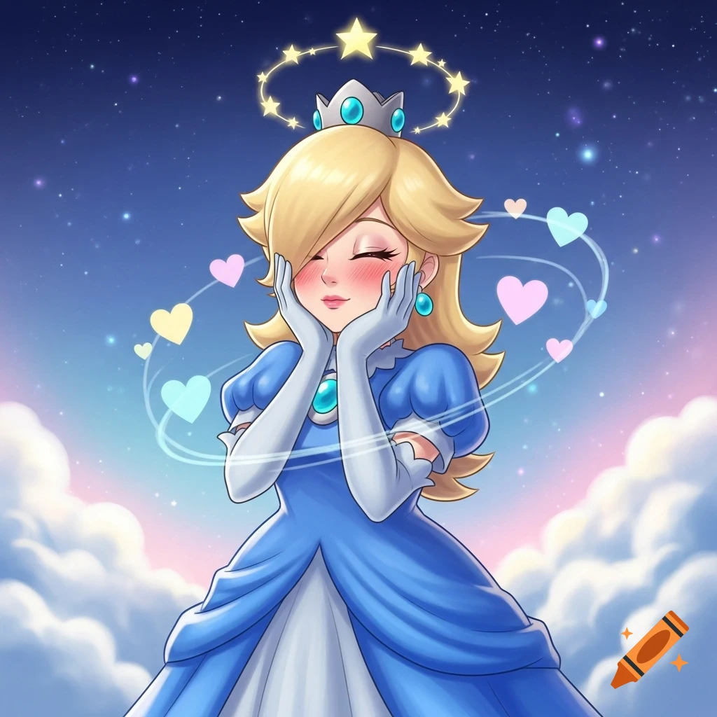 Princess Rosalina blushing with closed eyes, hands cupping her face, surrounded by floating hearts under a starry blue and pink sky.