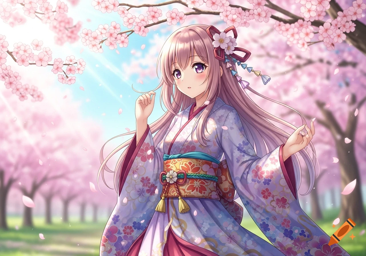 An anime girl with long pink hair and purple eyes wears a detailed floral kimono, standing under blooming pink cherry blossom trees.