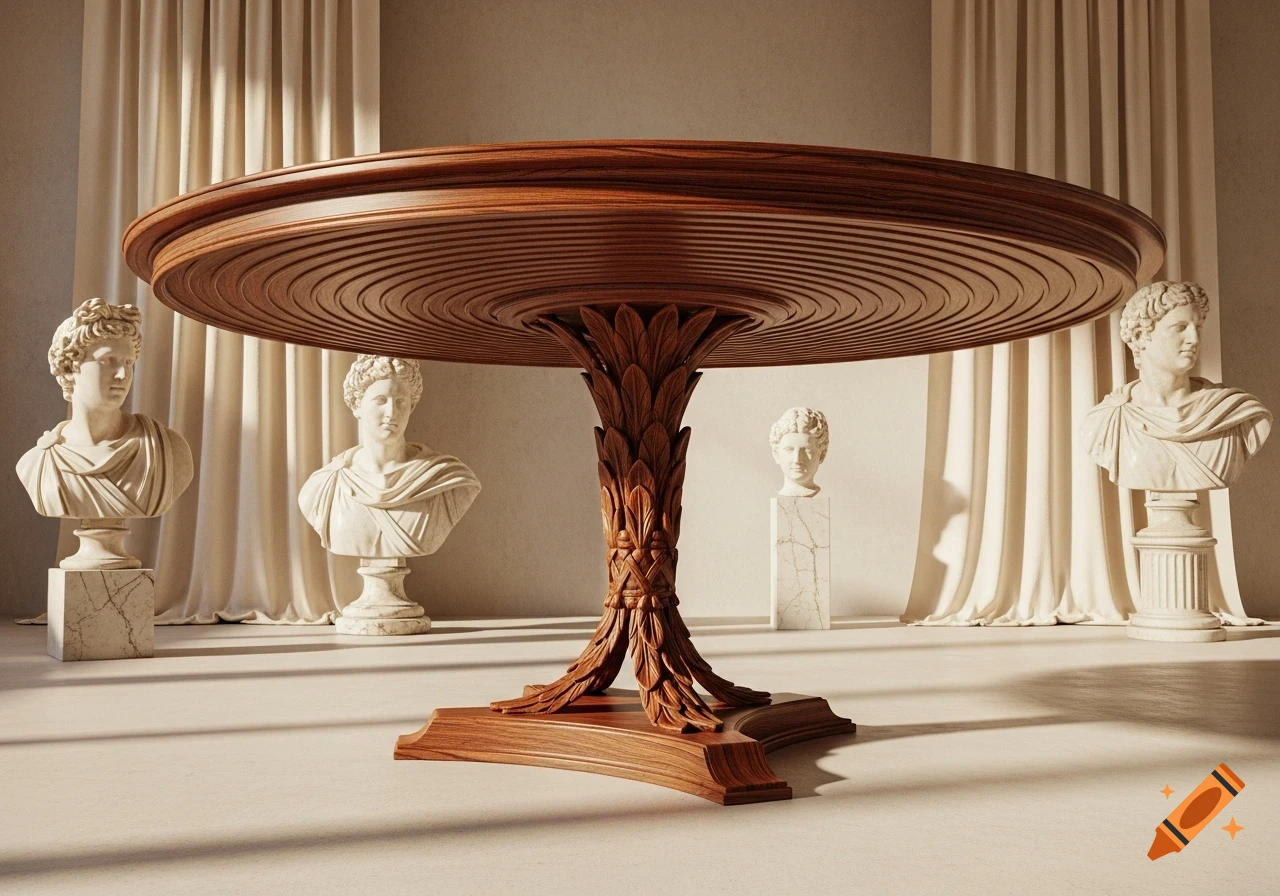A highly detailed, ornate wooden round table with a single carved leg, surrounded by classical marble busts and drapes in a sunlit room.