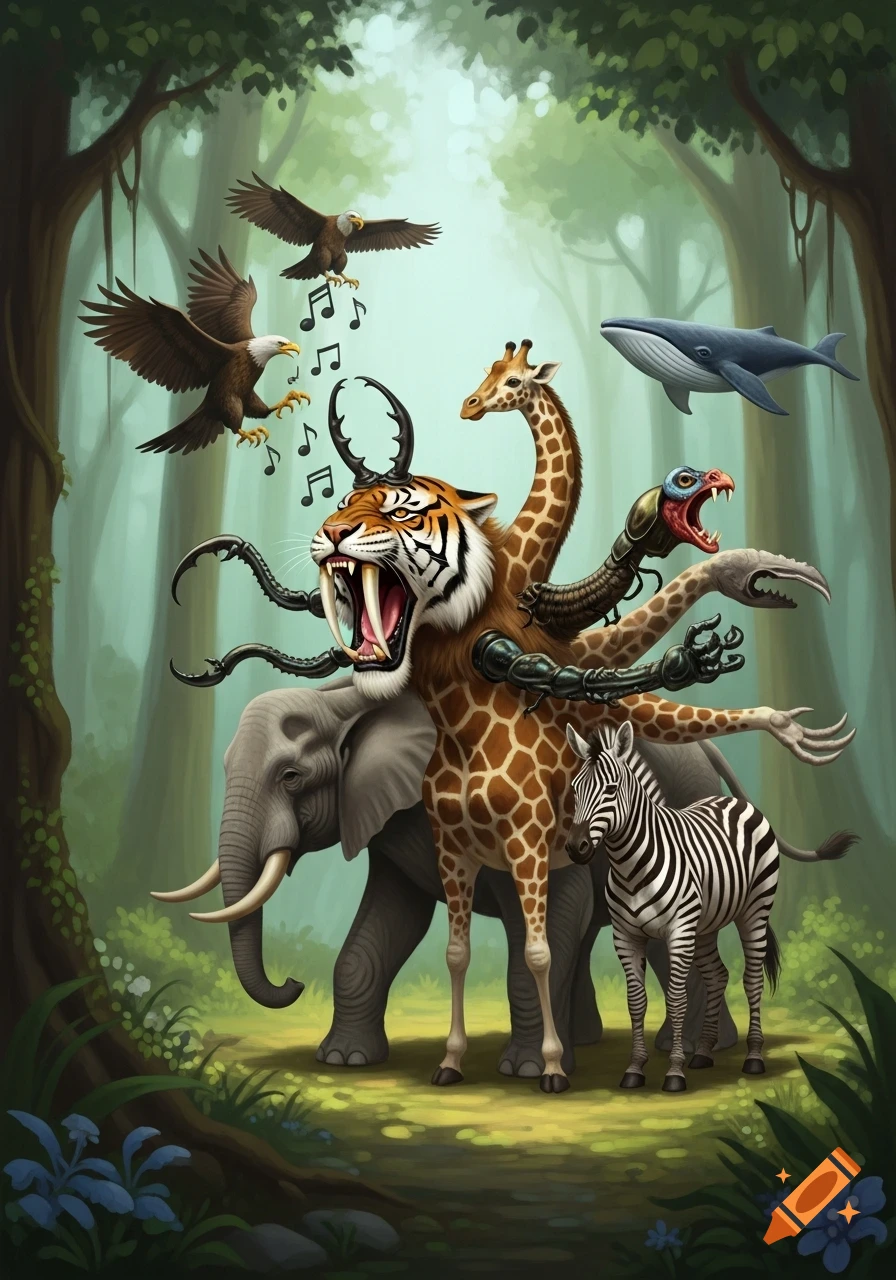 A monstrous hybrid creature with a saber-tooth tiger head, giraffe body, elephant and zebra legs, beetle arms, and an eagle-headed arm, roaring in a surreal forest with a whale flying overhead, in a cartoony art style.
