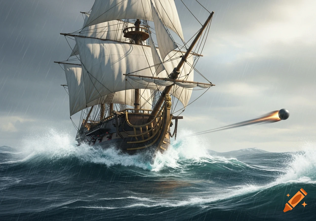 A historical sailing ship with white sails battles stormy seas as a cannonball flies past, photorealistic.