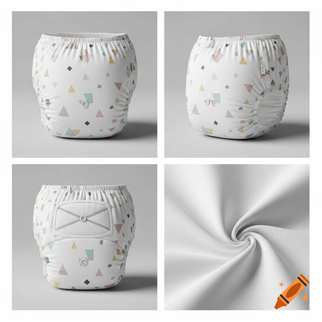 Four panel product photo collage of a white disposable diaper with a colorful geometric pattern, including a close-up of the fabric.