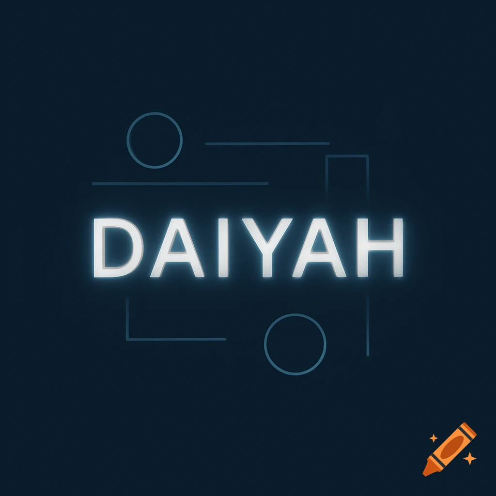 Minimalist modern logo with glowing white text "DAIYAH" on a dark blue background, framed by light blue abstract geometric shapes.