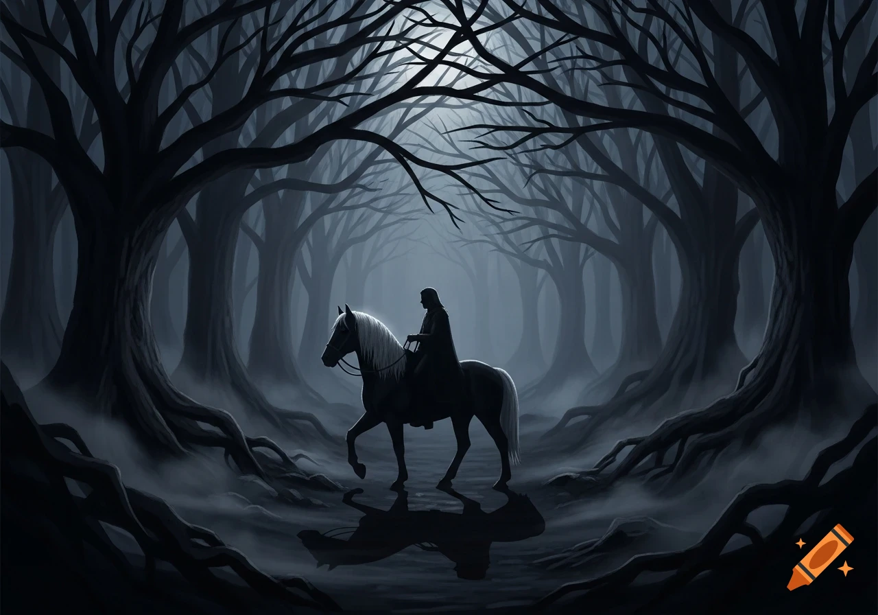 Silhouette of a cloaked rider on a horse walking through a dark, misty forest with gnarled trees, illuminated by a pale light.