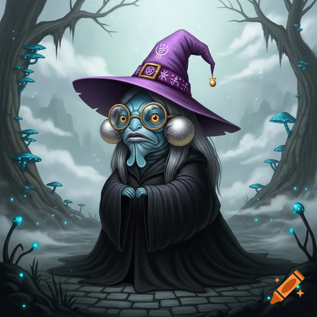 A blue-skinned fish-like witch with large glasses and a purple hat stands in a misty, dark forest with glowing blue mushrooms.