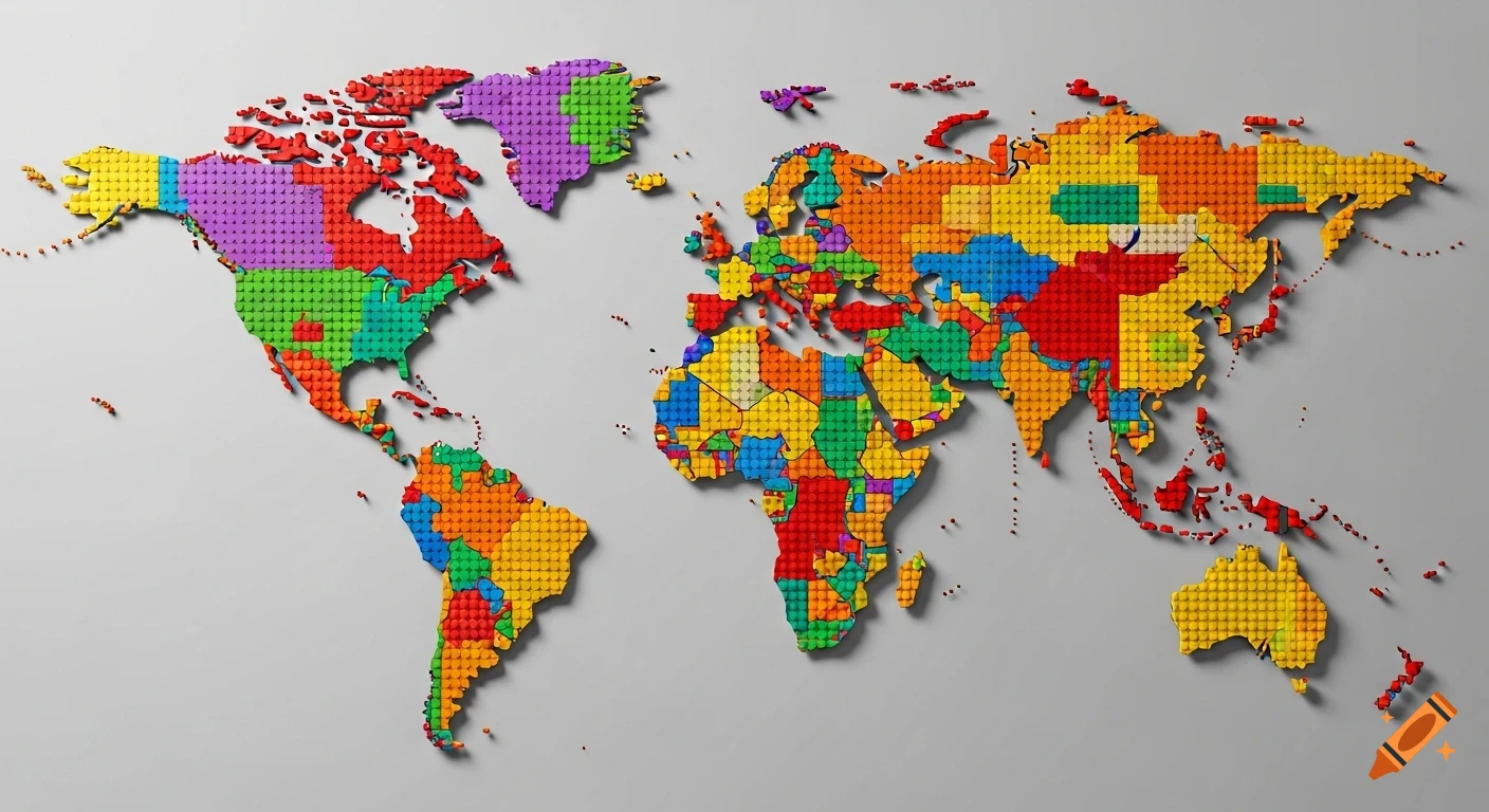 A colorful world map constructed entirely from multi-colored Lego blocks on a light gray background.