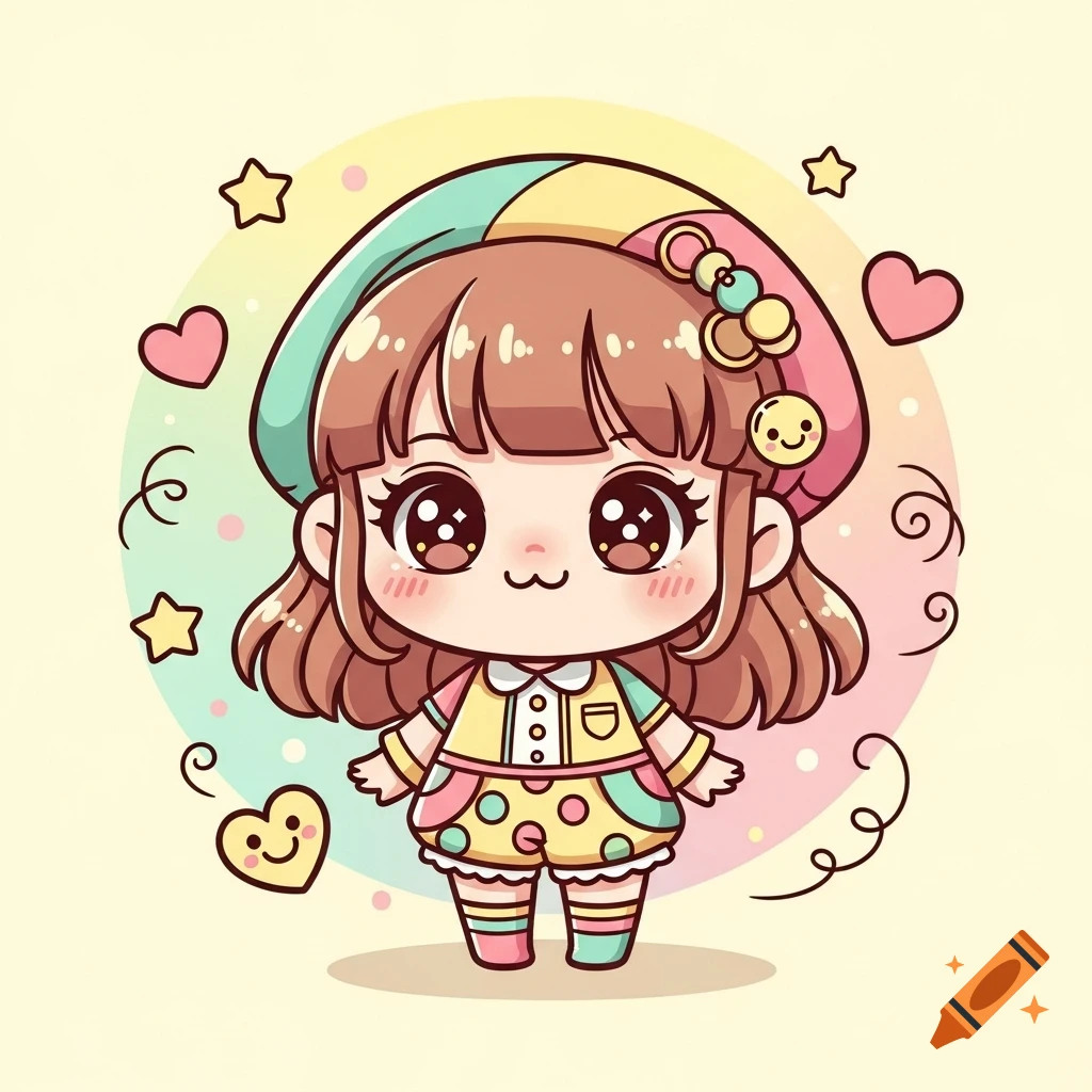 Cute chibi cartoon girl with brown hair and large sparkling eyes, wearing a colorful outfit and hat, on a pastel background with hearts and stars.