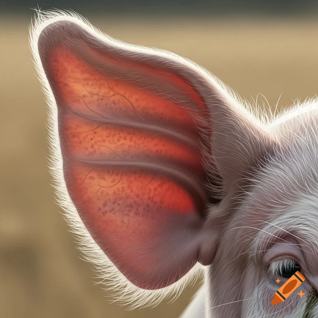 Photorealistic close-up of a pink pig's ear, backlit by sunlight, revealing fine hairs and skin texture.