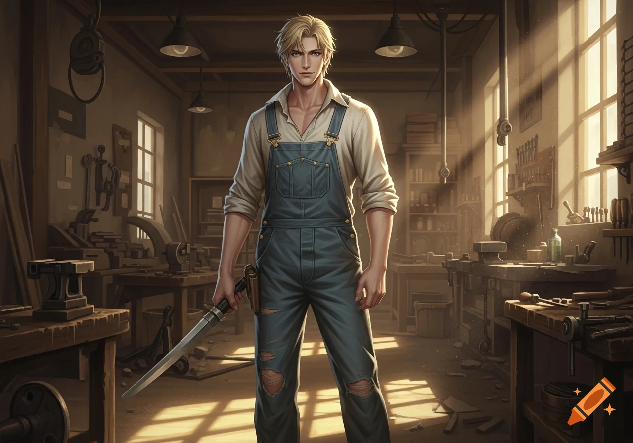 Blonde man in denim overalls holding a sword in a sunlit workshop, anime style.