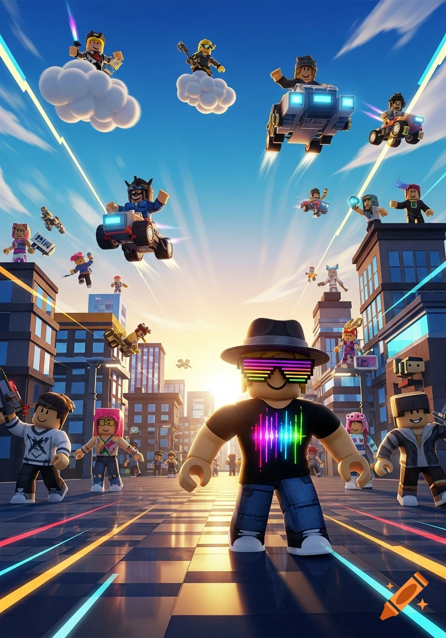 Vibrant Roblox-style characters fly in vehicles and stand in a futuristic city at sunset, with neon light trails.