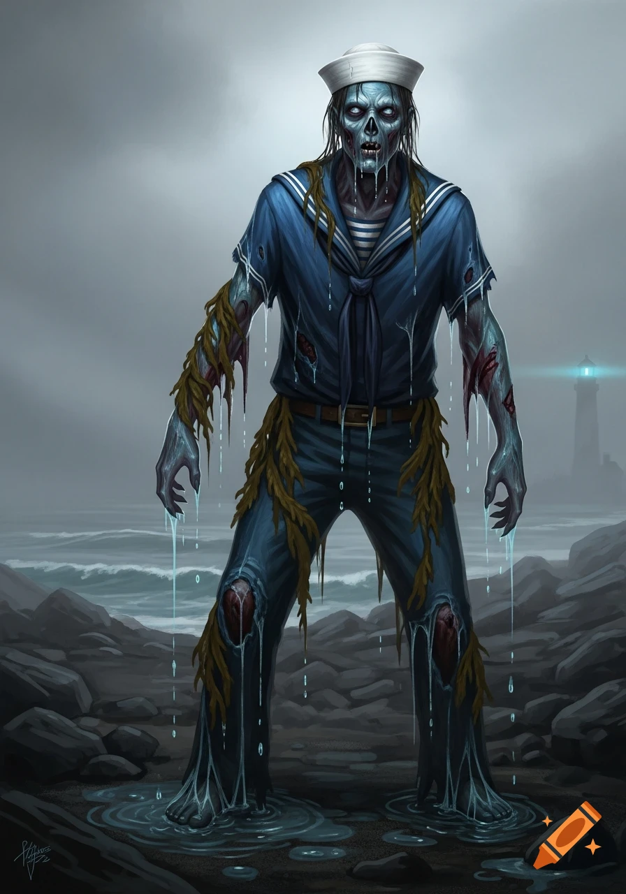 A grotesque, blue-skinned zombie sailor with rotting flesh, seaweed, and dripping water, stands on a rocky beach with a lighthouse in the misty background.