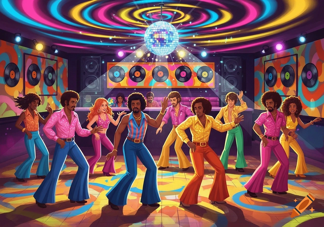 Colorful illustration of people in 70s attire dancing in a vibrant disco club with a disco ball.
