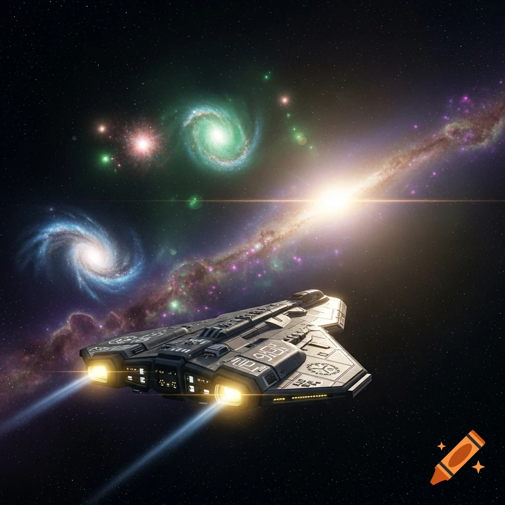 A detailed futuristic spaceship with glowing engines navigates a vibrant cosmic landscape featuring colorful galaxies and nebulae.