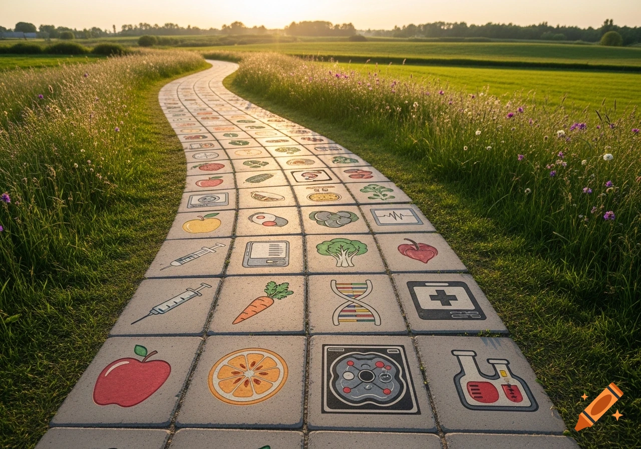 A winding path of paving stones with various health and medical symbols, extending through a grassy field towards a bright sunset.