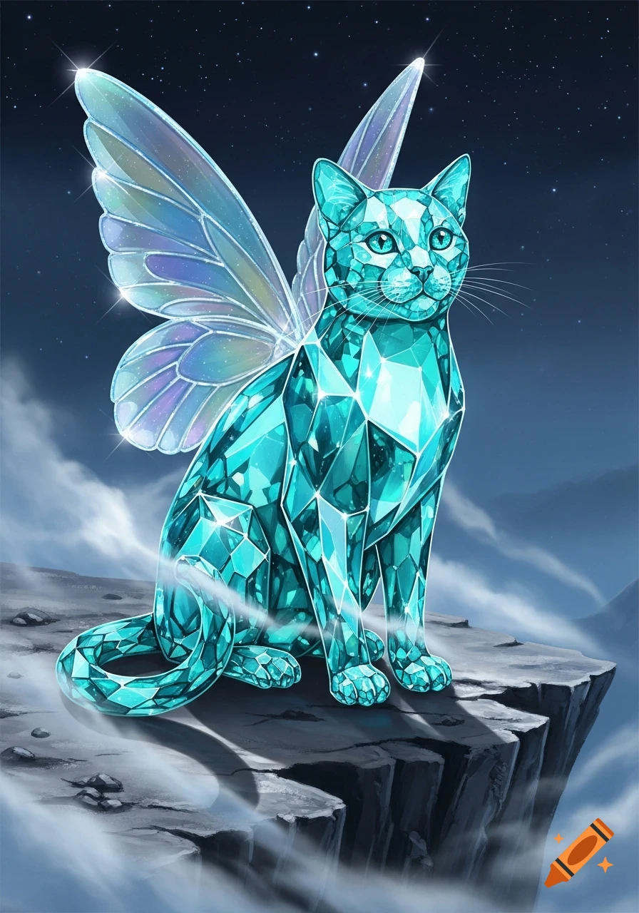 A bright teal crystal cat with iridescent wings sits on a rocky cliff under a starry night sky.