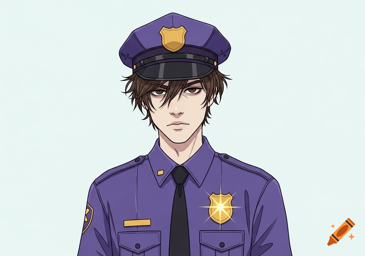 An anime-style emo boy with messy brown hair and brown eyes, wearing a purple security guard uniform, officer hat, and golden badge.