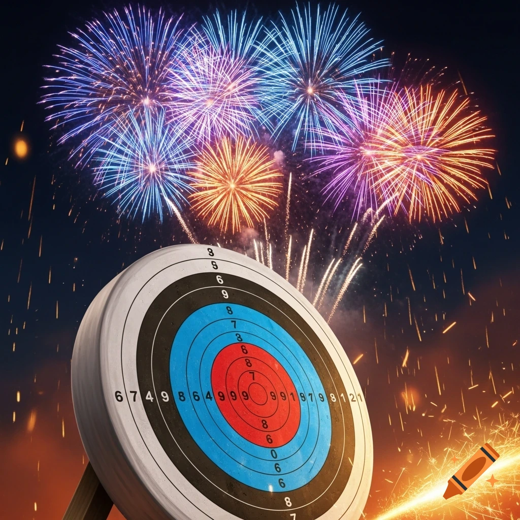 A colorful fireworks display explodes behind a large, white, red, and blue archery target at night.