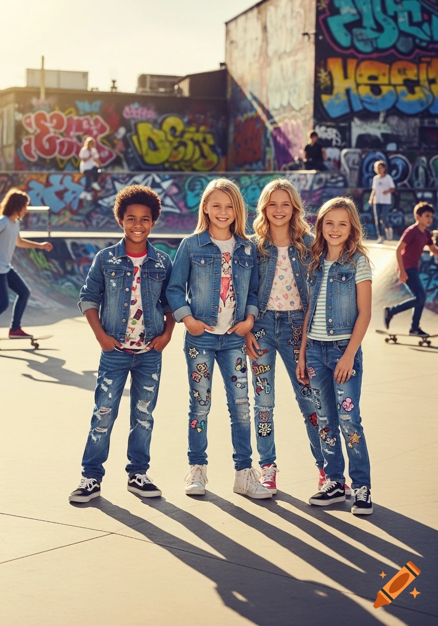 Four smiling tweens, three girls and one boy, pose in denim jackets and patched jeans in a sunny outdoor skatepark with graffiti walls.
