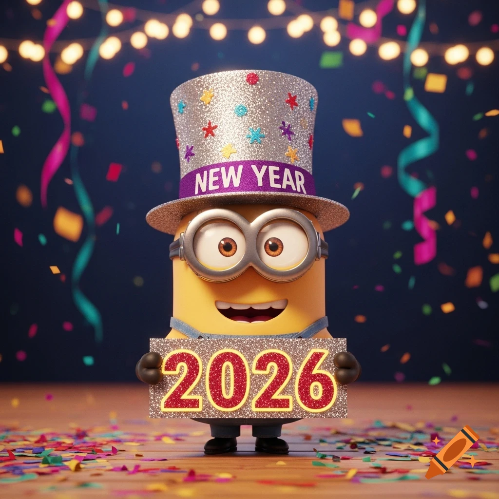 A Minion wearing a glittery 'NEW YEAR' top hat and holding a '2026' sign, surrounded by confetti and lights, in a 3D animation style.