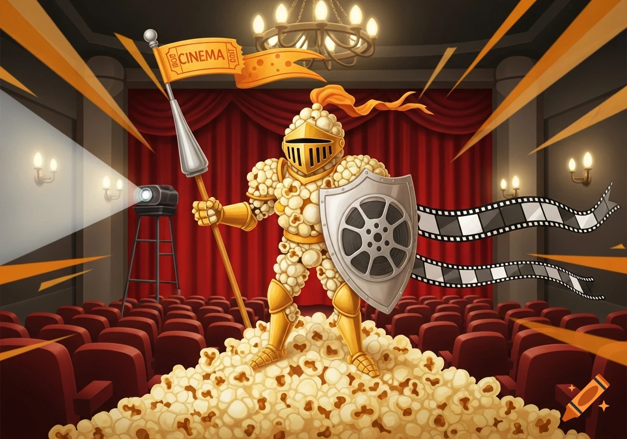 Cartoon popcorn knight stands in a cinema on a pile of popcorn, holding a spear, shield, and a flag that says CINEMA POPCORN.