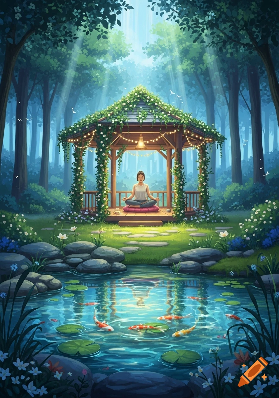 A stylized illustration of a woman meditating on a cushion in a vine-covered gazebo, surrounded by a lush forest and a serene koi pond with fish, under sunbeams.