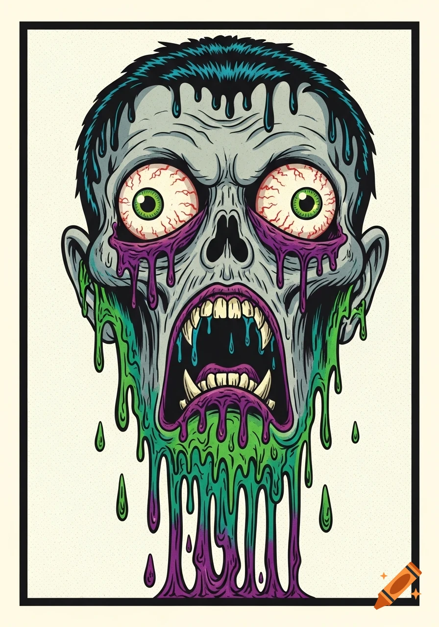 Vibrant comic book style illustration of a zombie head with melting green and purple slime dripping from its mouth and eyes.