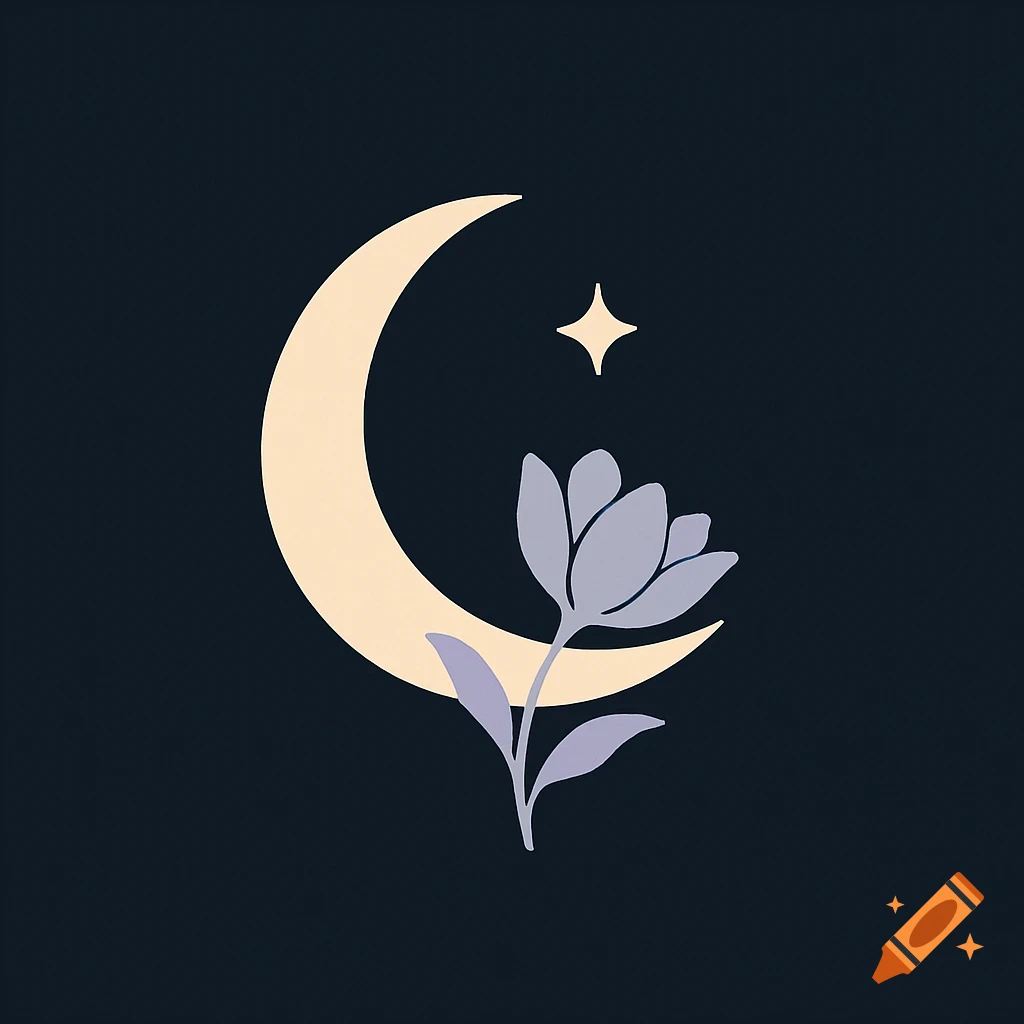 Minimalist logo featuring a pastel crescent moon, a single light purple flower, and a small star on a dark blue background.