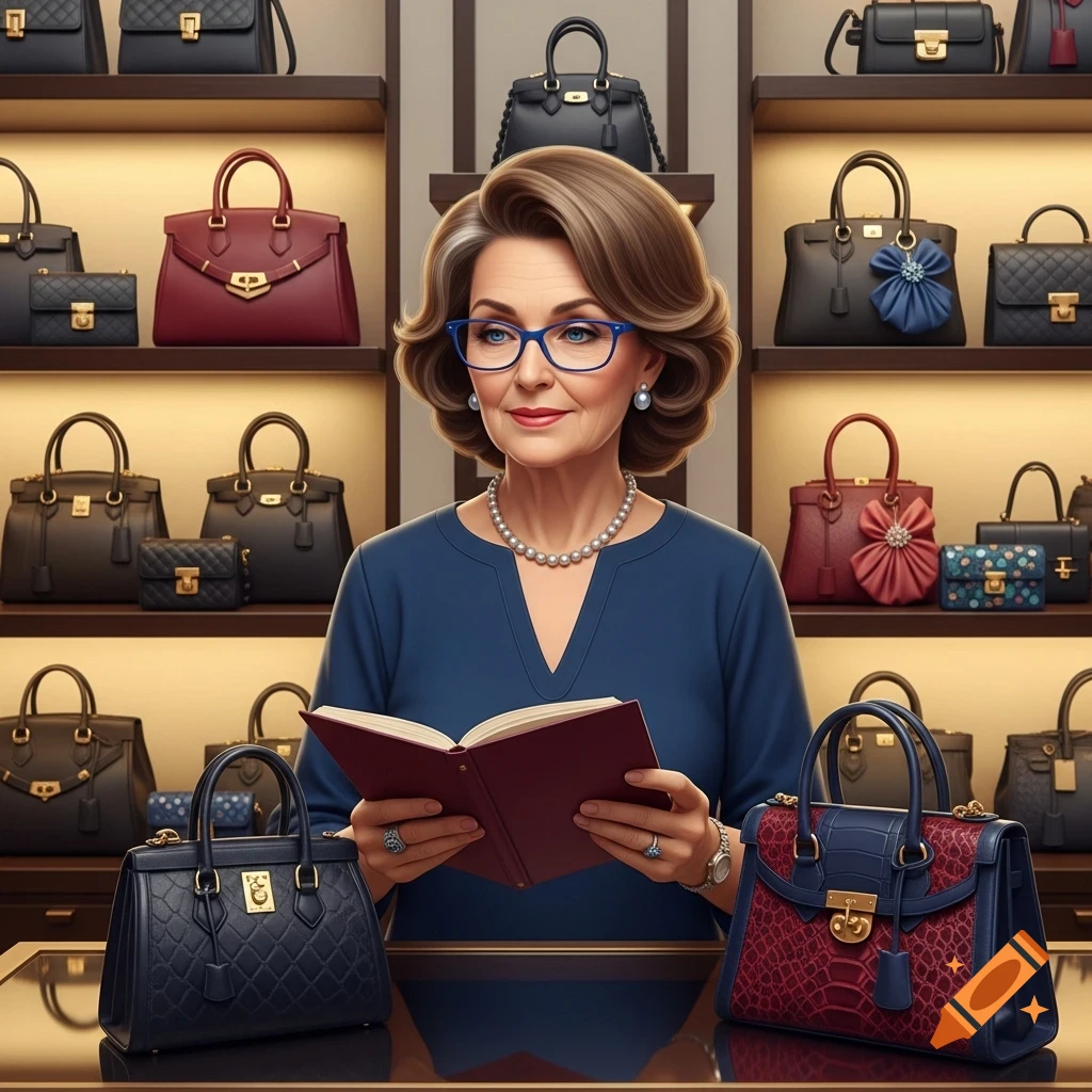 Photorealistic image of an older woman with brown hair and blue eyeglasses, holding a book, surrounded by shelves of designer handbags.