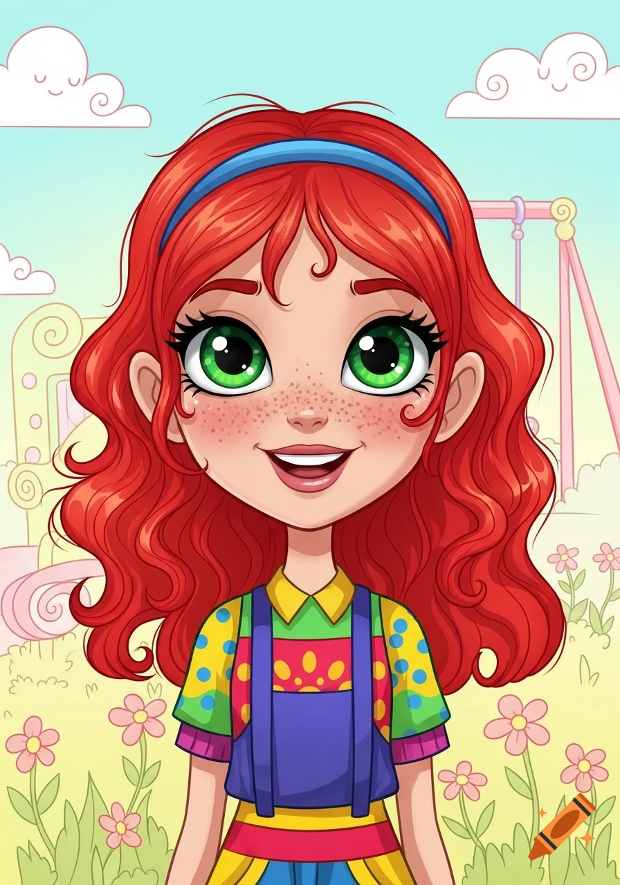 Cartoon girl with red hair, green eyes, freckles, and a blue headband, smiling in a colorful playground with flowers and smiling clouds.