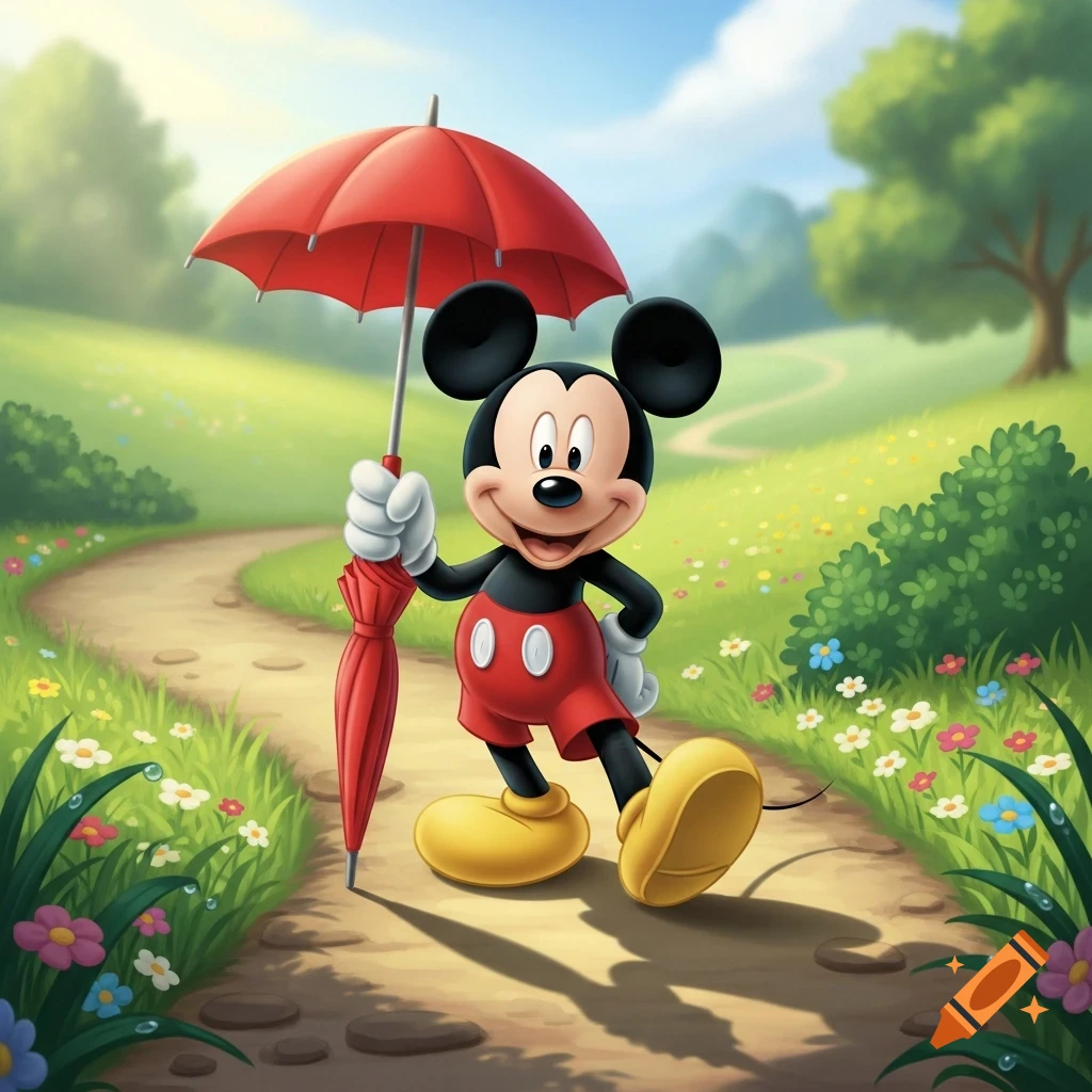 Mickey Mouse walks on a sunny, flowery path, holding an open red umbrella and a closed one, in a cartoon style.