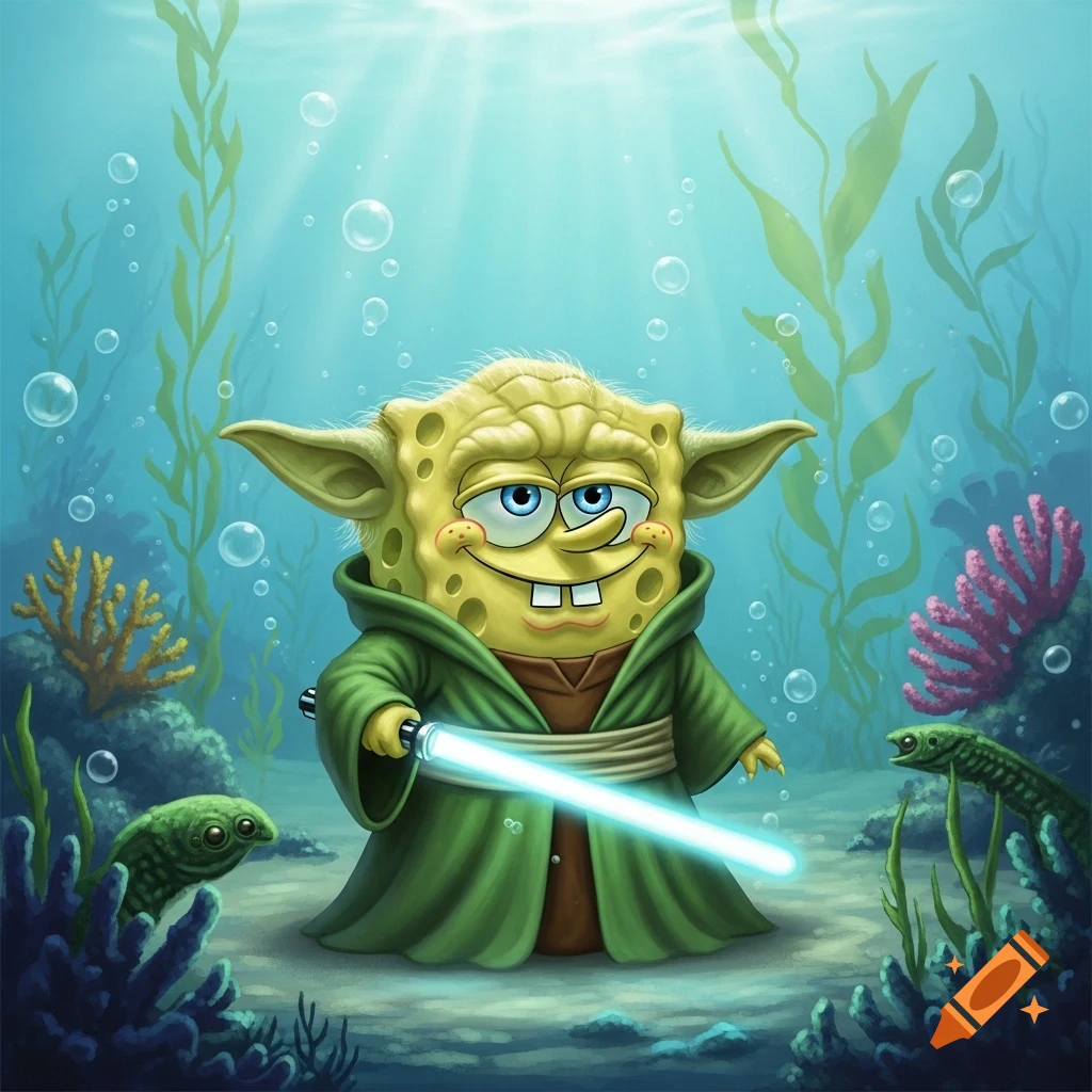 Cartoon Spongebob-Yoda hybrid in a green robe holding a lightsaber underwater.