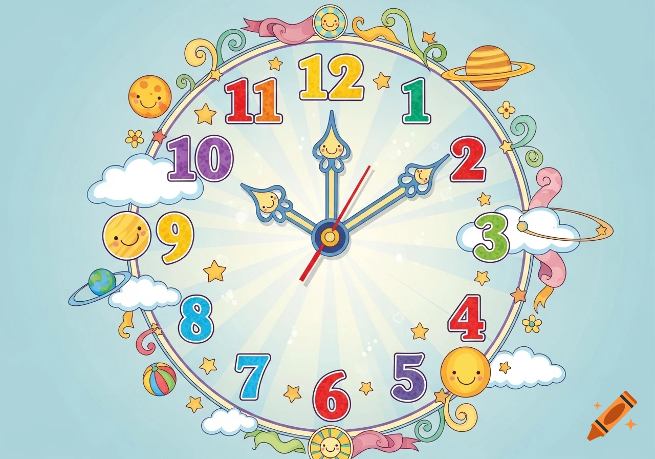 Colorful cartoon clock with smiling planets, clouds, and stars on a light blue background, showing numbers 1-12.