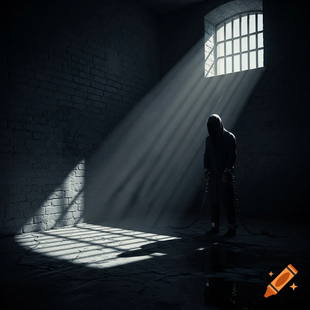 A dark, hooded figure stands chained in a dimly lit prison cell, with sunlight streaming dramatically through a high, barred window.