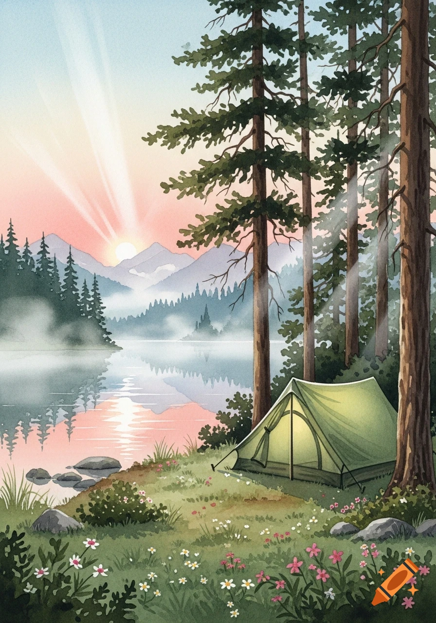 Watercolor illustration of a green tent by a serene lake at sunrise, surrounded by pine trees, mountains, and wildflowers.